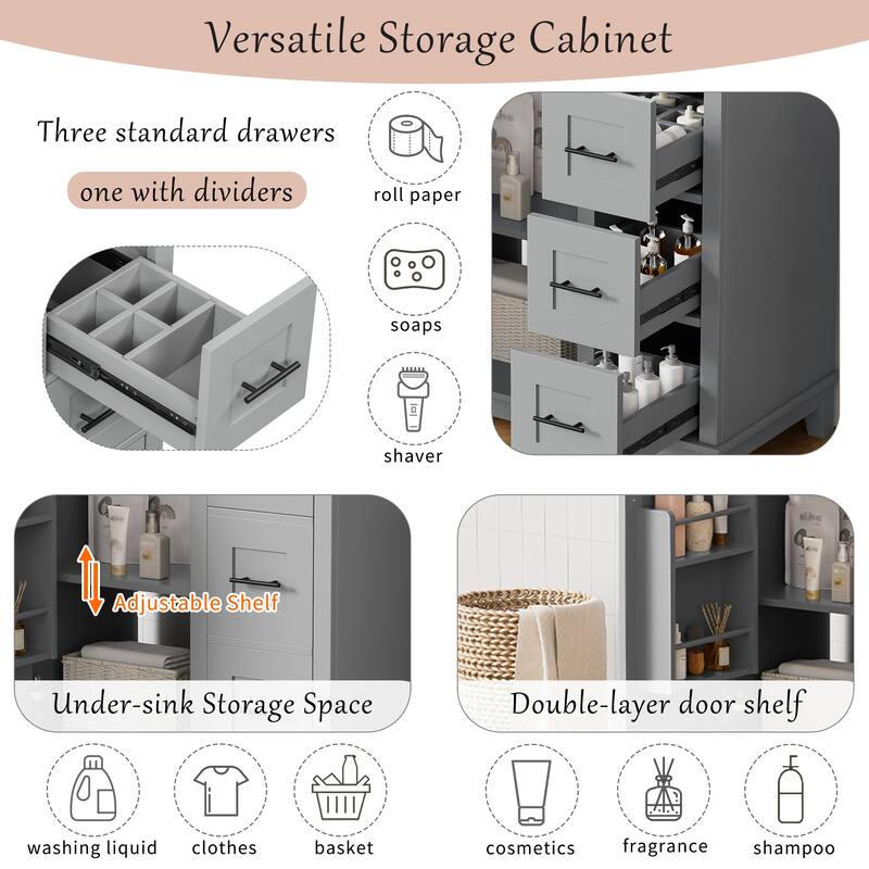 30-inch bathroom vanity with ceramic sink, rubberwood frame, MDF panels, one door with double storage racks, 3 drawers