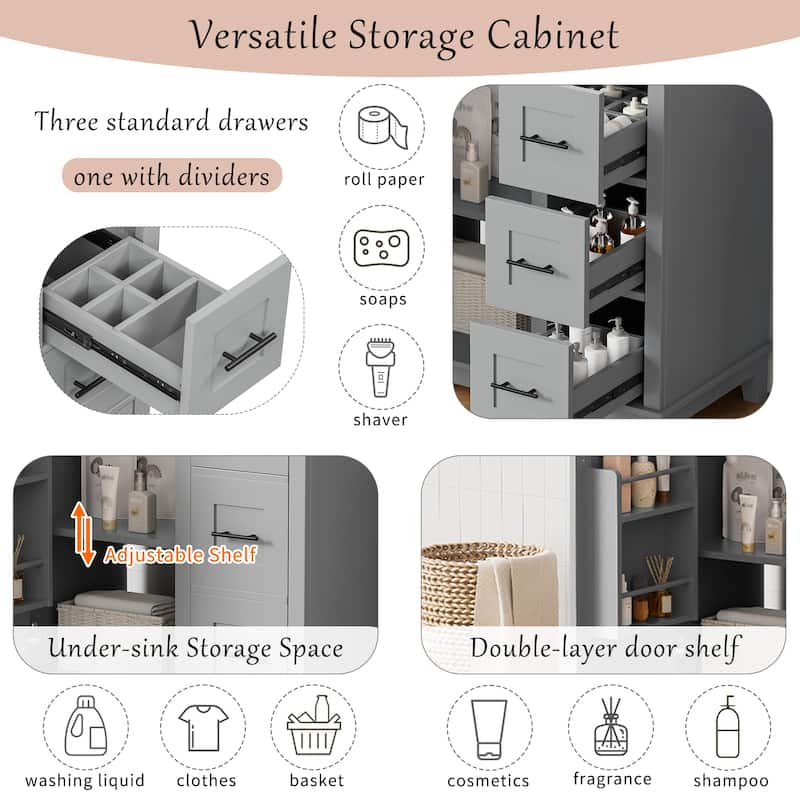 Roomfitters 36" Bathroom Vanity with Ceramic Sink, 4 Drawers, 1 Door, Adjustable Shelf, Solid Wood Frame