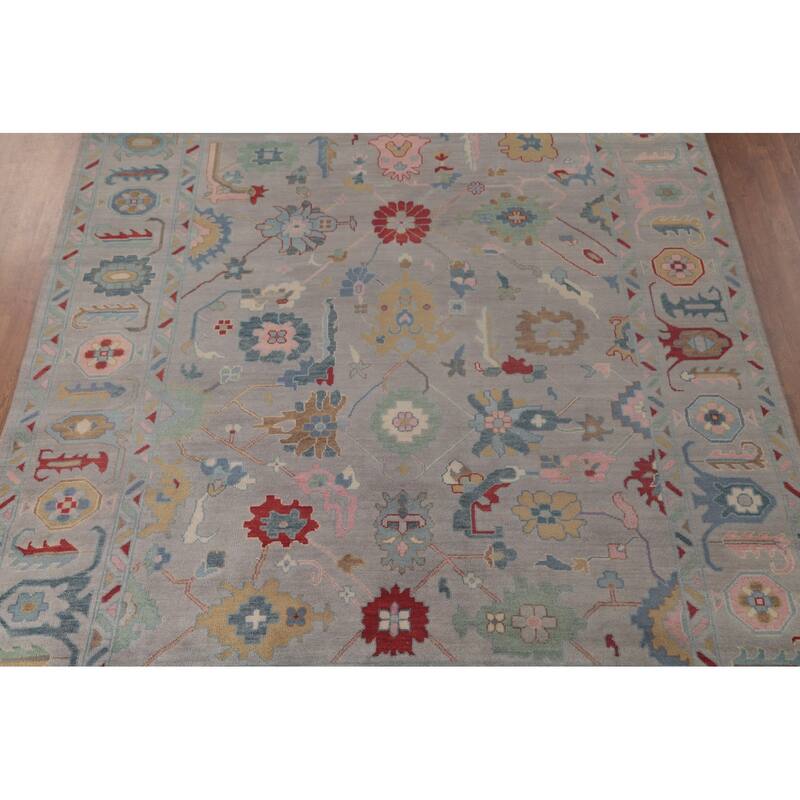 All-Over Gray Oushak Oriental Area Rug Hand-Knotted Wool Carpet - 9'0" x 11'8"