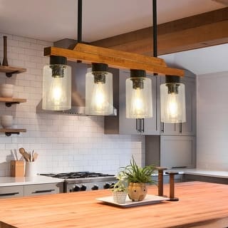Farmhouse Chandelier Rustic Kitchen Island Light Fixture with Clear Glass shades Linear Wood Chandeliers