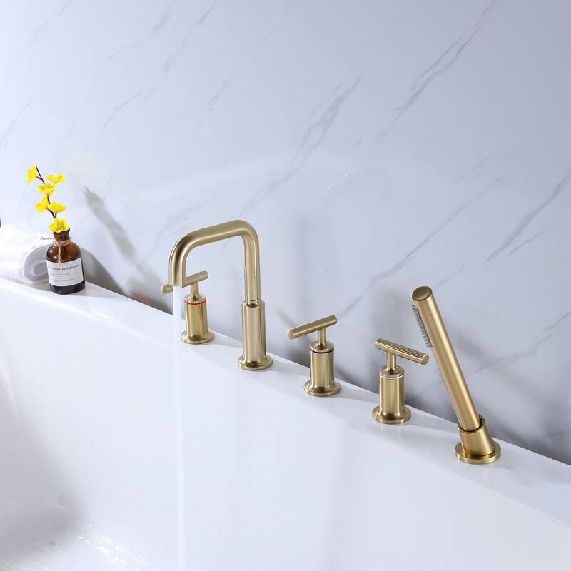 Desk Mount 5 Holes Bathtub Faucet with Handheld Shower, Gold