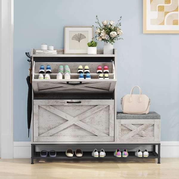 Moasis Farmhouse Shoe Storage Cabinet with 2 Flip Drawers for 16 Pairs Entryway Shoe Storage with Shoe Bench