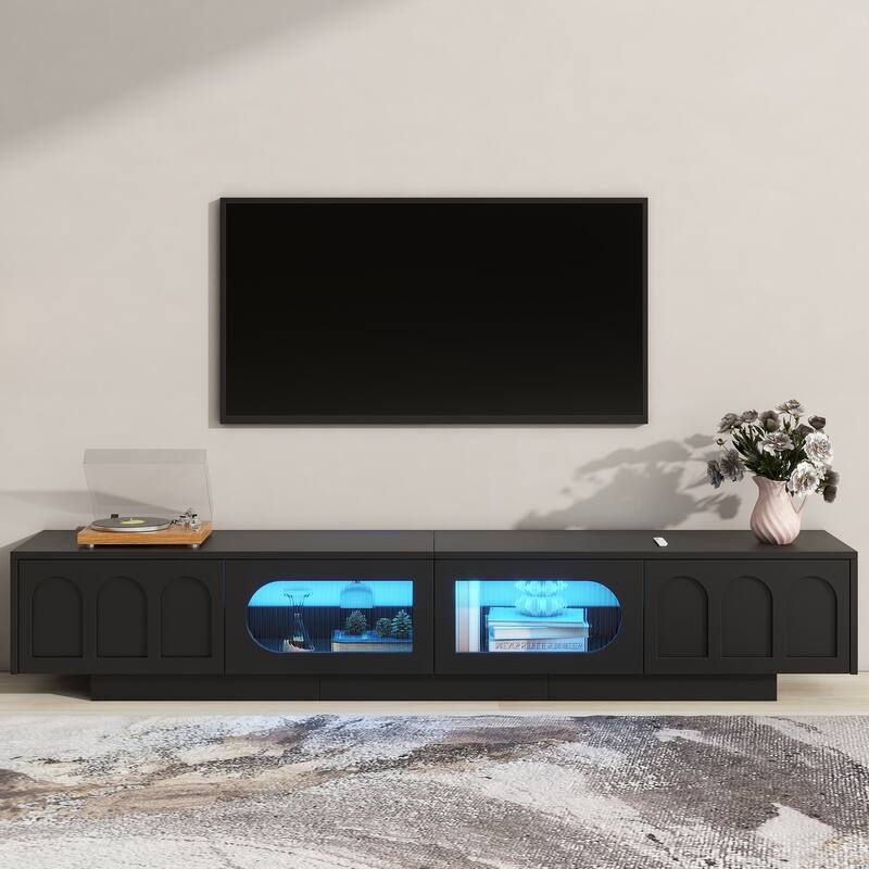 Modern LED TV Cabinet with Fluted Arched Tempered Glass Doors, 2 Drawers and 2 Cabinets, for Living Room, Black