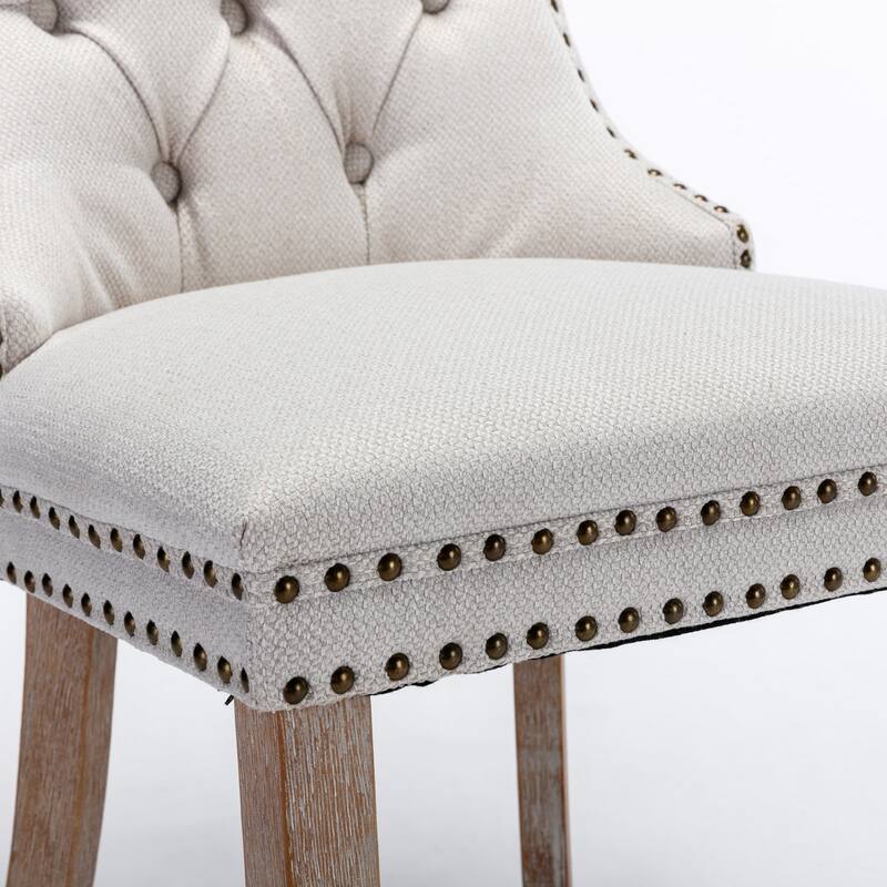 Linen Upholstered Dining Chairs Set of 2, Tufted Kitchen Side Chairs, Dining Room Chair with Solid Wood Legs & Nailhead Trim