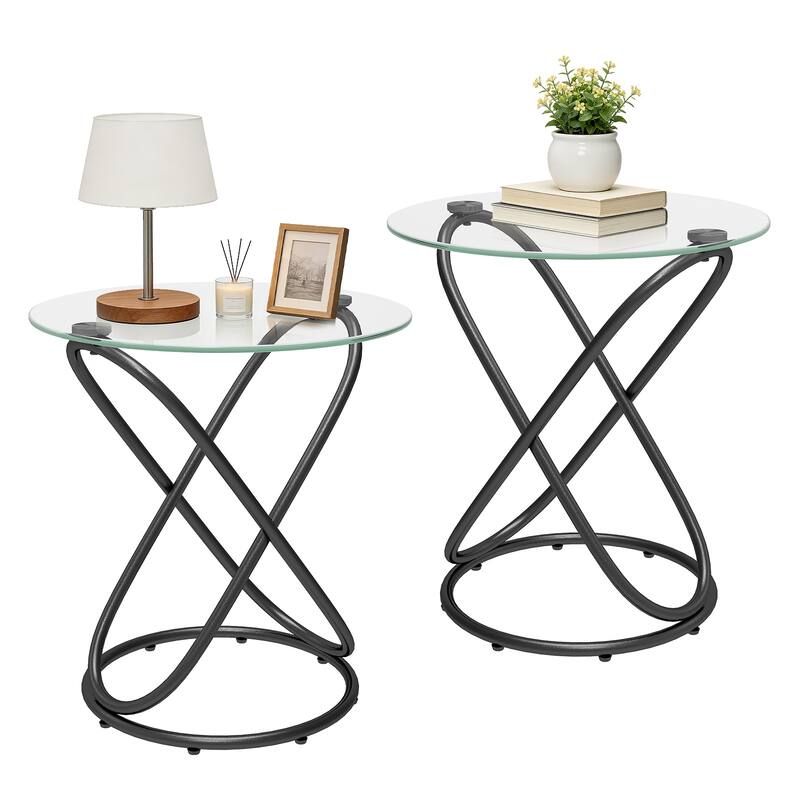 Tempered Glass Round Side/End Table with Metal Legs - 19.7"Dia Top x 21.7"H x 15.6"Dia Base - Black Leg- Set of 2