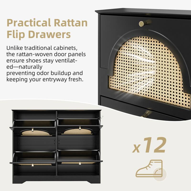 Shoe Storage Cabinet for Entryway w/ 4 Flip Drawers, Narrow Wood Shoe Cabinet w/Rattan Panel, Freestanding Hidden Shoe Organizer