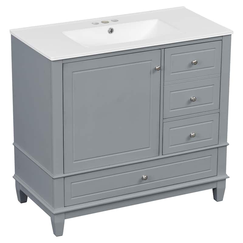 36 inch Bathroom Vanity Ceramic Sink MDF Solid Wood Base 3 Drawers Cabinet Gray 4 Inch Faucet Holes