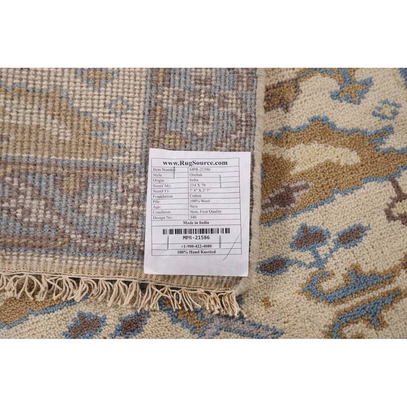Ivory & Blue Oushak Indian Runner Rug Handmade Wool Carpet - 2'7"x 7'8"