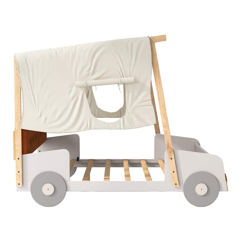 Roomfitters Size Car Canopy Bed, Wood Frame Platform with Upholstered Headboard, Tent Roof Design