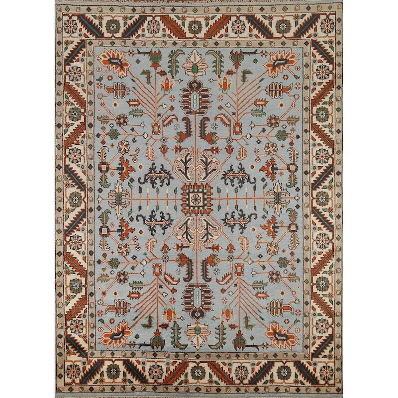 Light Blue Geometric Oushak Oriental Area Rug Hand-Knotted Wool Carpet - 7'10"x 9'10"