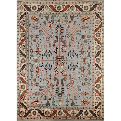 Light Blue Geometric Oushak Oriental Area Rug Hand-Knotted Wool Carpet - 7'10"x 9'10"