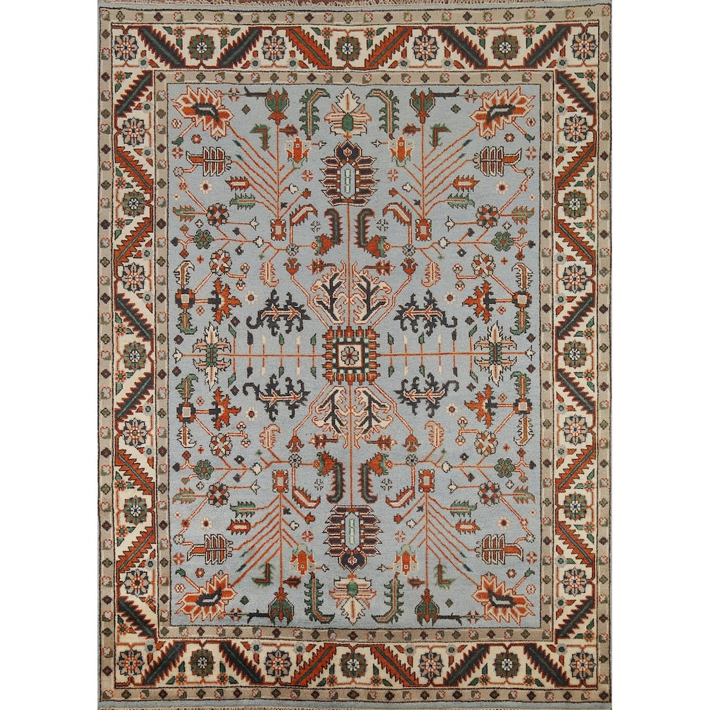Light Blue Geometric Oushak Oriental Area Rug Hand-Knotted Wool Carpet - 7'10"x 9'10"