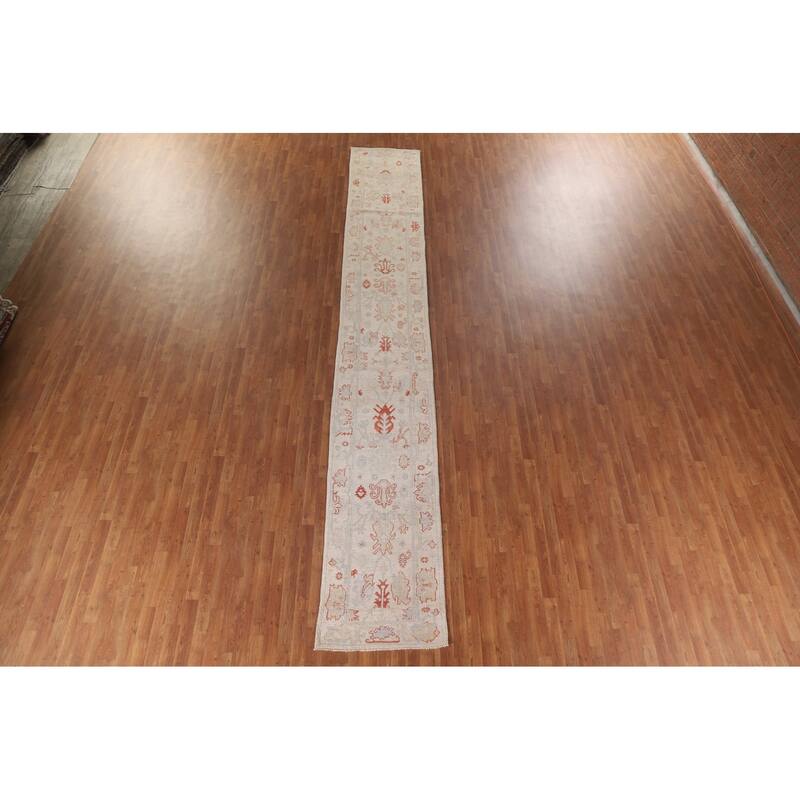 Hand Knotted Oriental 100% Wool Carpet Transitional All-Over Beige & Ivories Oushak Runner Rug - 17' 7'' X 2' 6''