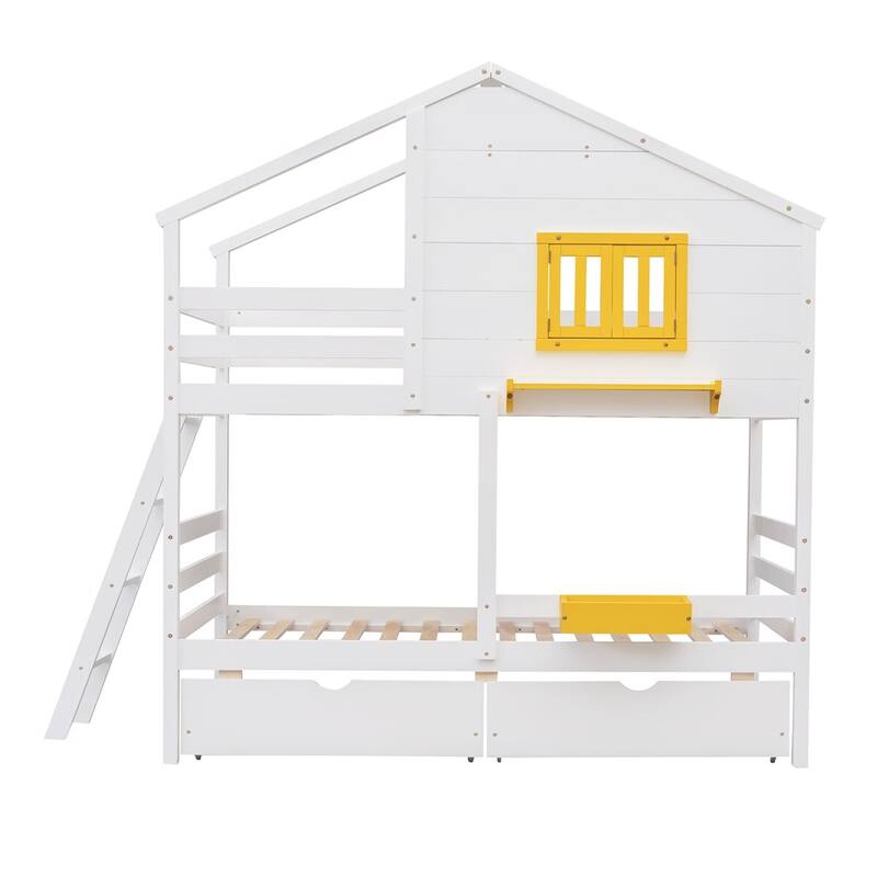 Merax Twin over Twin House Bunk Bed with 2 Drawers, 1 Storage Box, 1 Shelf