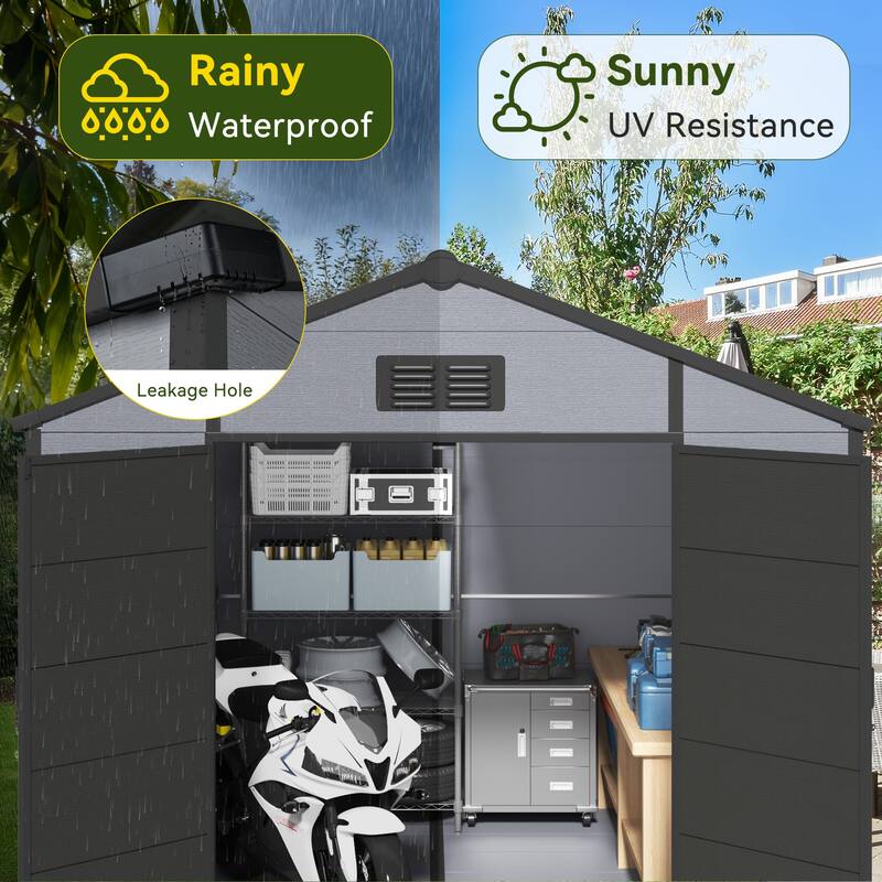 EROMMY Outdoor Storage Shed with Built-In Floor, Lockable Double Doors & Sloped Roof, Gray/Black