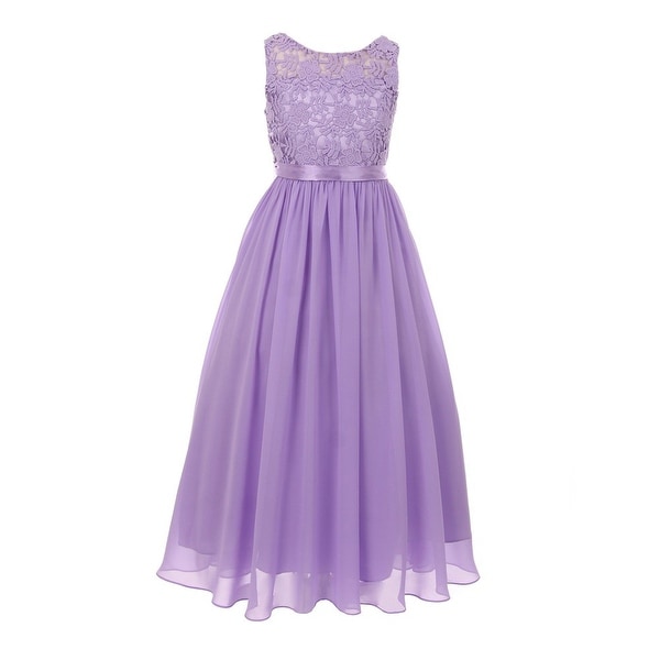 Girls Lilac Satin Sash 3D Lace Chiffon Stylish Junior Bridesmaid Dress