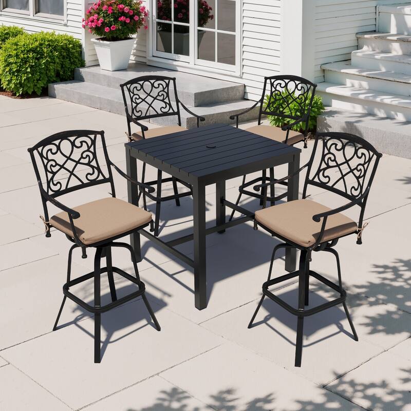 3/5-Piece Patio Bar Stool Set Cast Aluminum Swivel Bar Stools with Sunbrella Fabric Cushion - Beige - Set of 5