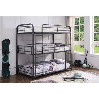 Twin Over Twin Over Twin Size Triple Bunk Metal Bed with Stairs and Guardrails