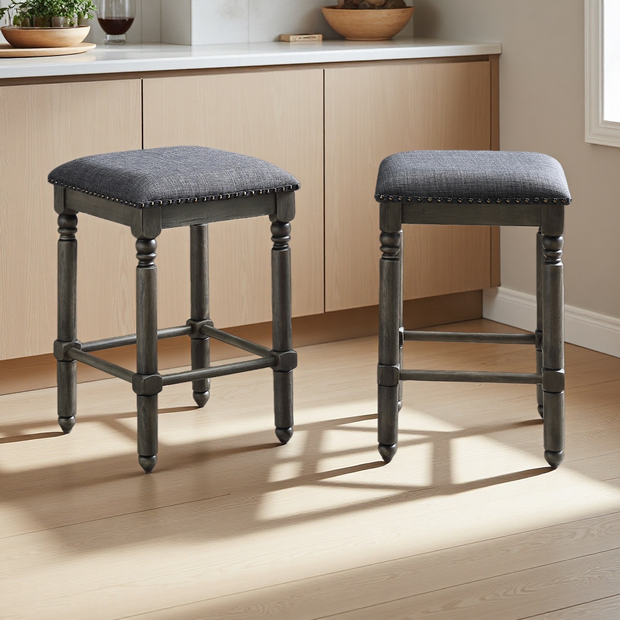 24.25" Rubberwood Upholstered Counter Stools Set of 2 with Nailhead Trim