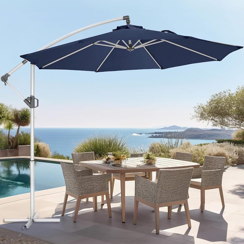 10 ft. Metal Offset Hanging Cantilever Patio Umbrella with Easy Tilt and Crank for Pool Deck - Blue-1 Tier