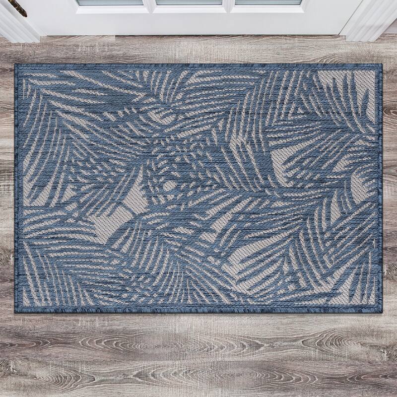 World Rug Gallery Contemporary Palm Leaf Textured Flat Weave Indoor/Outdoor Area Rug - 2'x3' - Blue