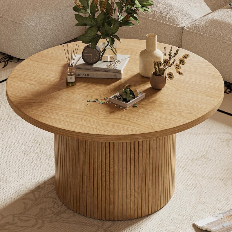 35 Inch Round Coffee Table Metal Frame Wood Top Center Table for Apartment - N/A