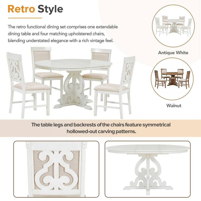 5-Piece Retro Dining Set, Extendable Table and 4 Upholstered Chairs
