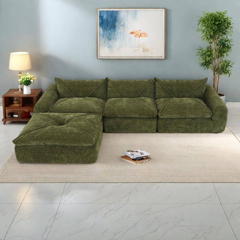 116" Chenille Fully Compressed Sectional Sofa with High-Density Foam, and 6-Seater Modular Cloud Couch - Green