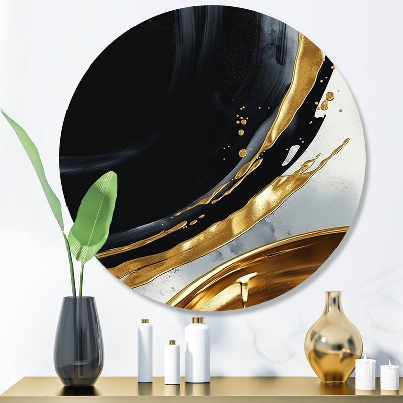 Designart "Black Gold Abstract Shapes Marble I" Abstract Marble Metal Round Wall Art - 23x23 - Disc of 23 Inch