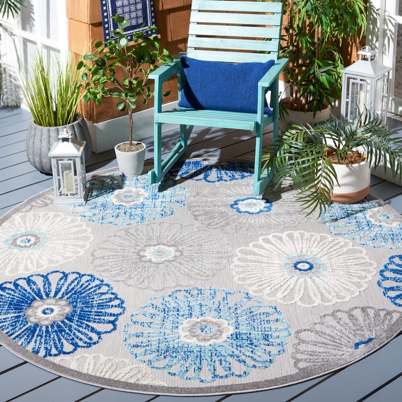 SAFAVIEH Cabana Goldia Indoor/ Outdoor Waterproof Patio Floral Rug - 5' Round - Grey/Blue