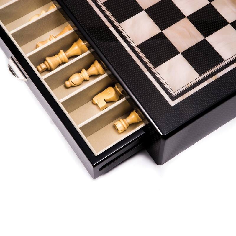 Curata Carbon Fiber and Mother of Pearl Design Chess Set with Accessory Drawers For Chessmen 15x13.25x3.5"