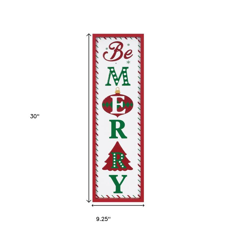 HomeRoots 30" X 9" Green Red And White Christmas Be Merry Iron Hanging Wall Decor