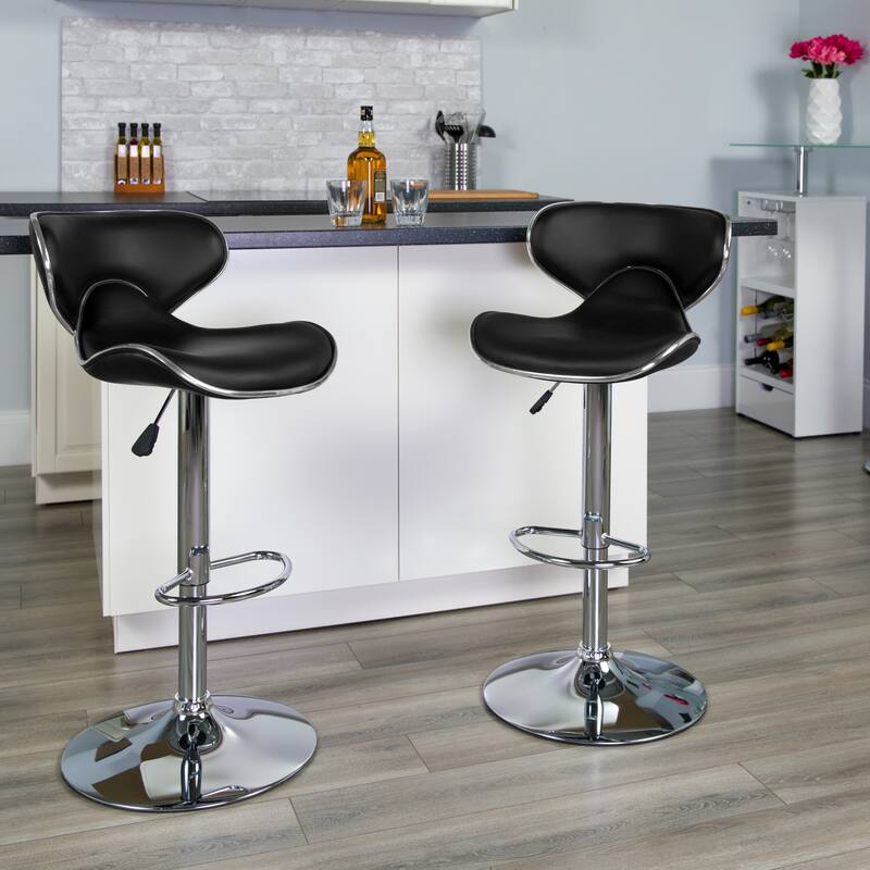 2 Pack Contemporary Mid-Back Vinyl Adjustable Height Barstool with Chrome Base - 16"W x 17.5"D x 34.5" - 43"H - Black