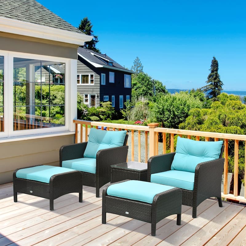 Outsunny 5 Piece Rattan Wicker Outdoor Patio Conversation Set with 2 Cushioned Chairs, 2 Cushioned Ottomans & Glass