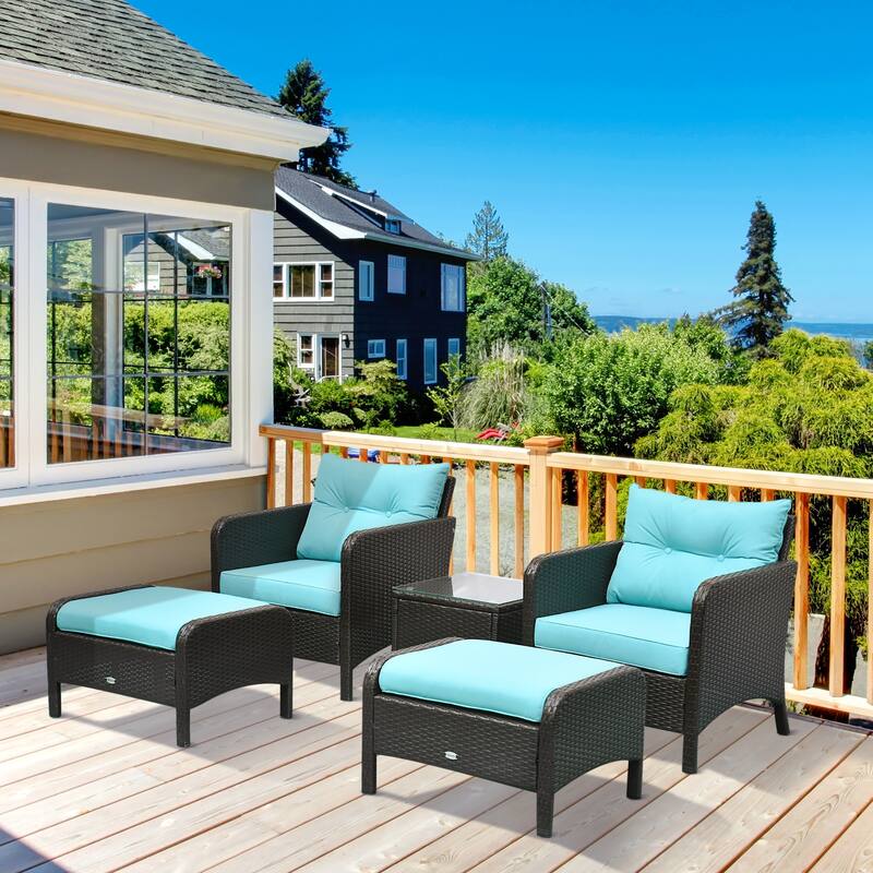 Brown-Blue PE Rattan Steel 5-Piece Outdoor Patio Chair Set with Cushions - 28" L x 26.5" W x 29.5" H - Brown-Blue