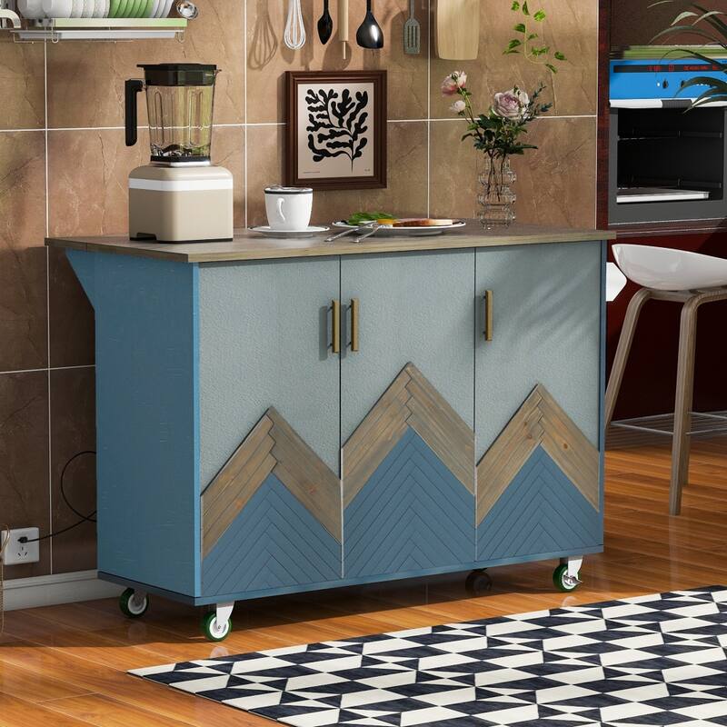 Retro MDF Kitchen Island on Wheels with Drop Leaf and Towel Rack - Blue