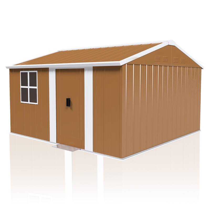 Roomfitters Metal Storage Shed, Heavy Duty Garden Tool House with Sliding Door and Windows, Brown