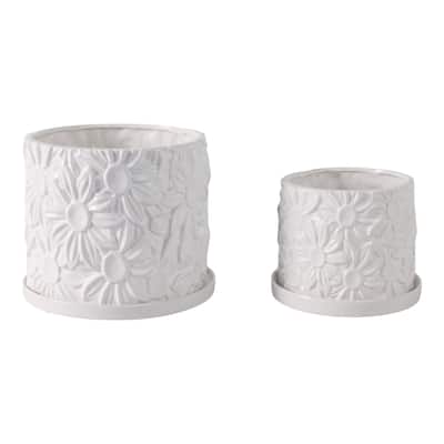 Ceramic Planter Set with Embossed Floral Accent Design (Set of 2)