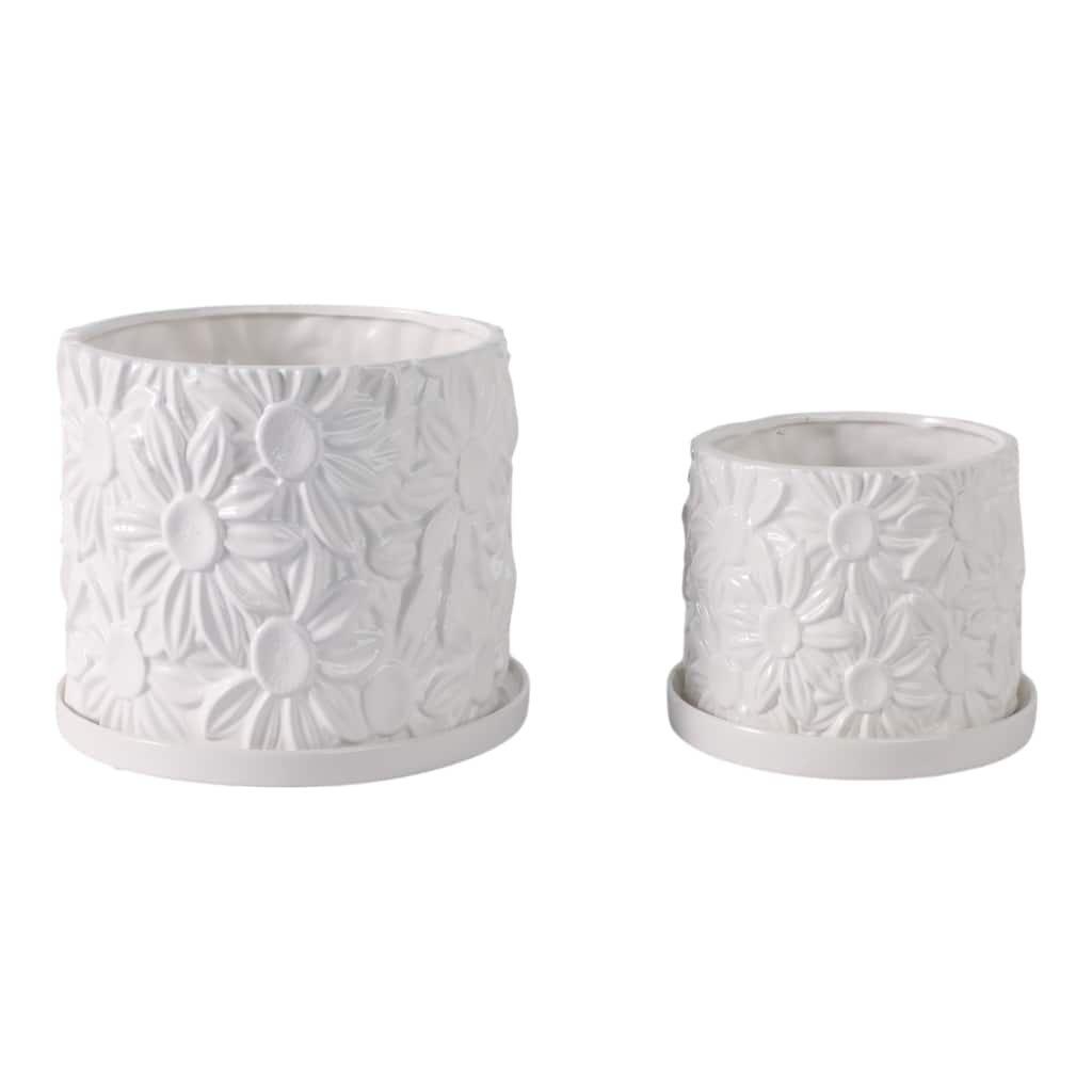 Ceramic Planter Set with Embossed Floral Accent Design (Set of 2)