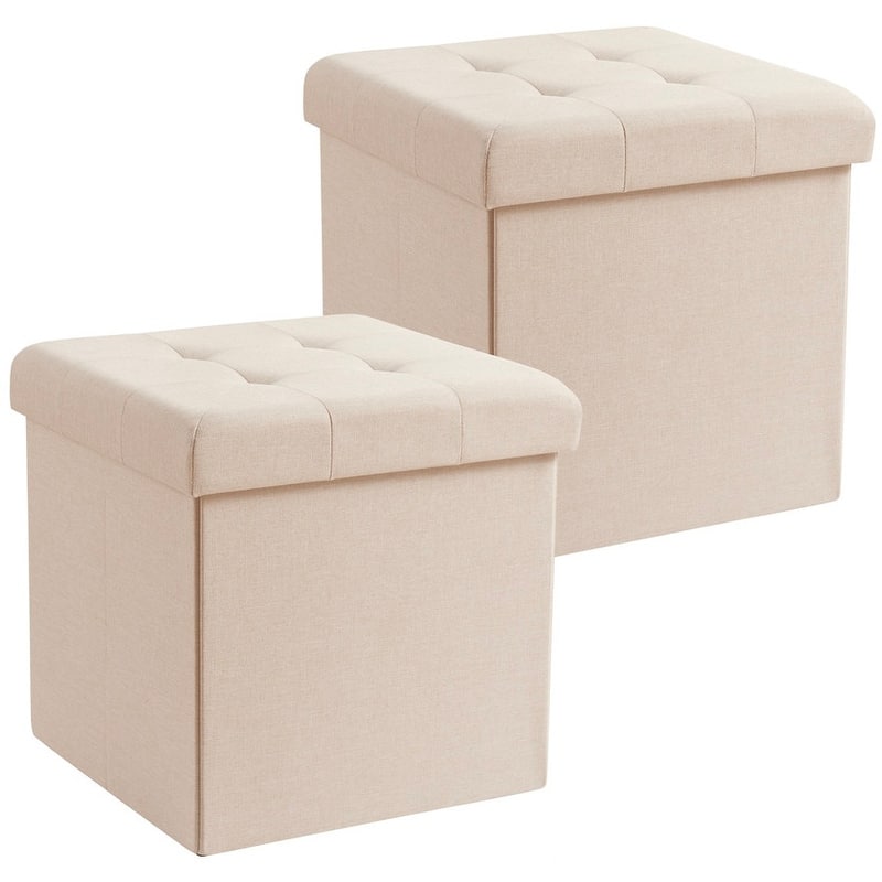 2 Pack - 15" Collapsible Square Cube Storage Ottoman, Perfect for Dorms, Livingroom and Bedroom - Beige