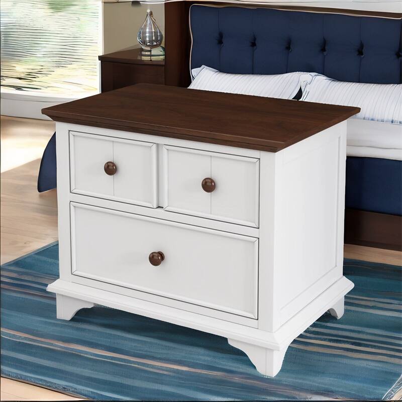 Wooden Two-Drawer Kids Nightstand, White and Walnut