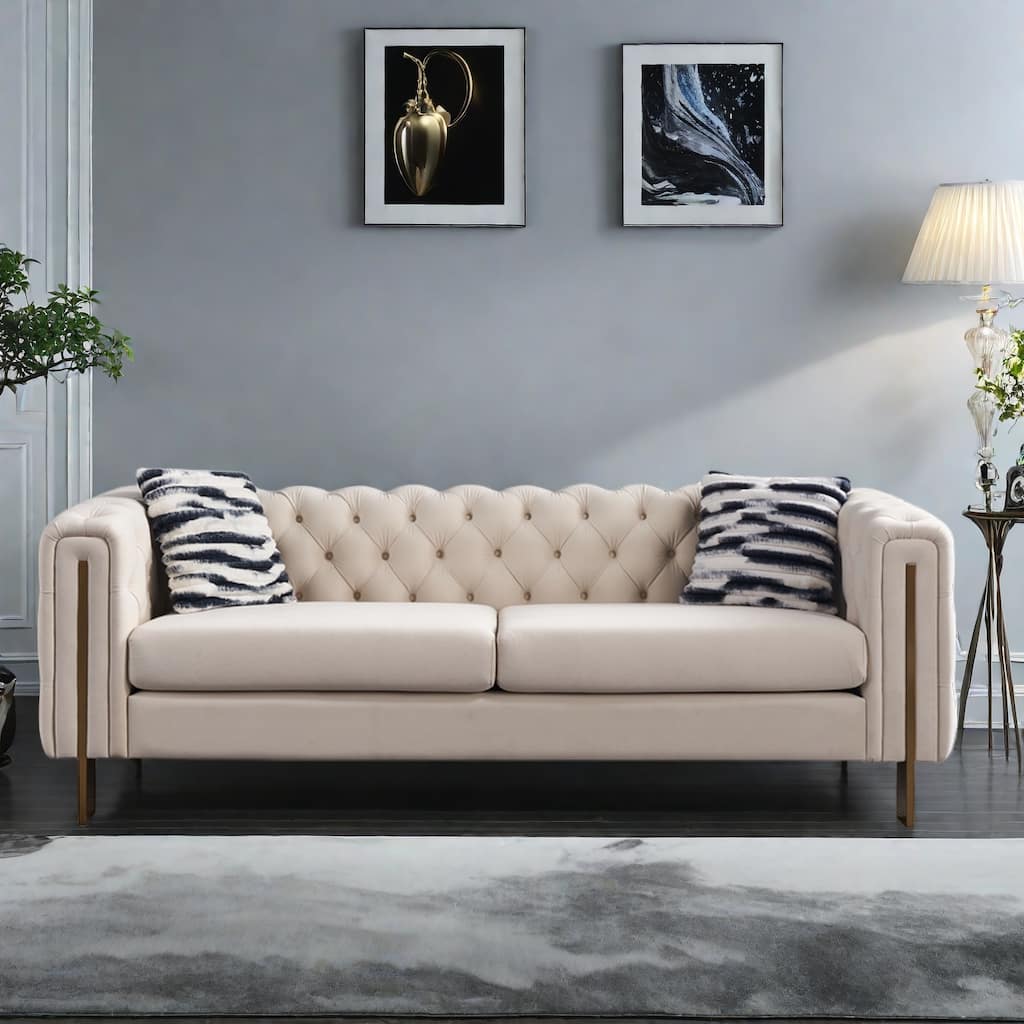 84.25" Velvet 3-Seater Sofa with Button Tufting, Gold Metal Legs, Pocket Spring And Foam Cushioning, 700 lb Capacity