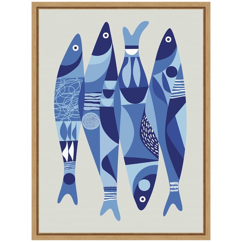Kate and Laurel Sylvie Modern Coastal Sardines in Blue Framed Canvas by Rachel Lee