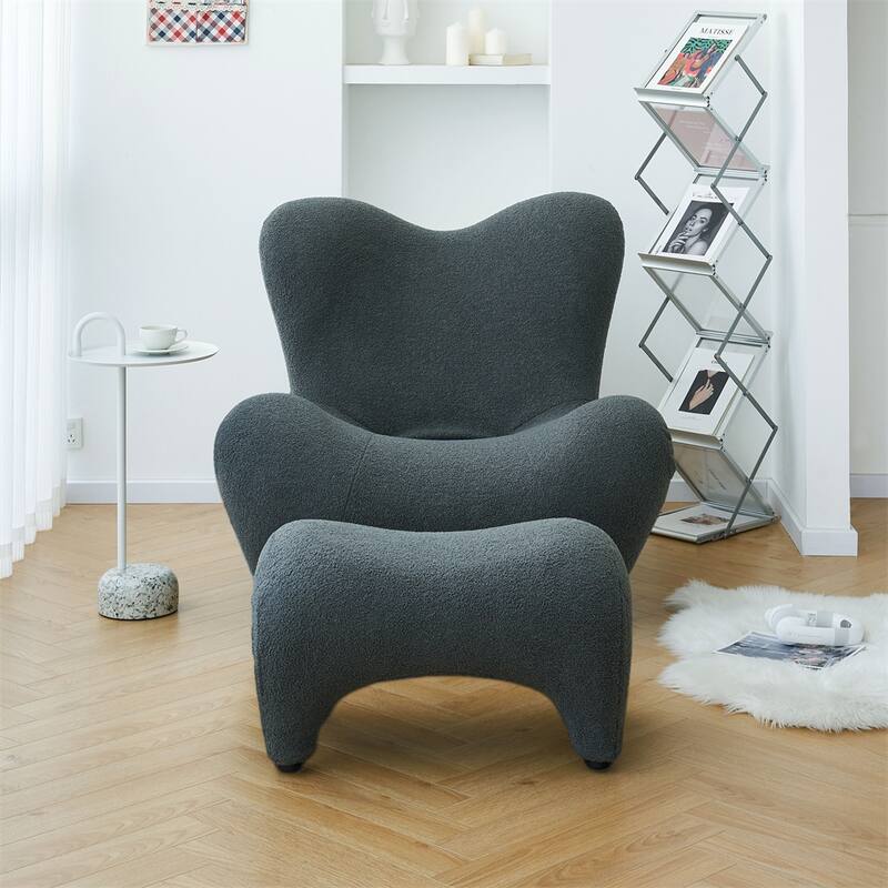 Modern High Back Sherpa Blouce Fabric Accent Chair with Footstool - Grey