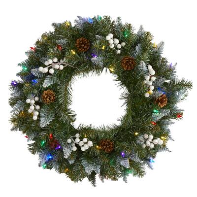 24" Snow Tipped Christmas Wreath with 50 Multicolored LED Lights