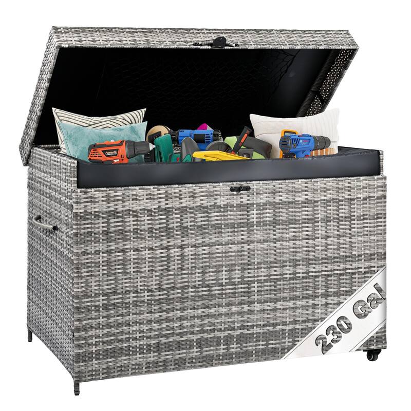 Grey Heavy Duty Wicker Storage Deck Box with 4 Wheels, Lockable Lid and Bench for Patio Poolside and Garage​