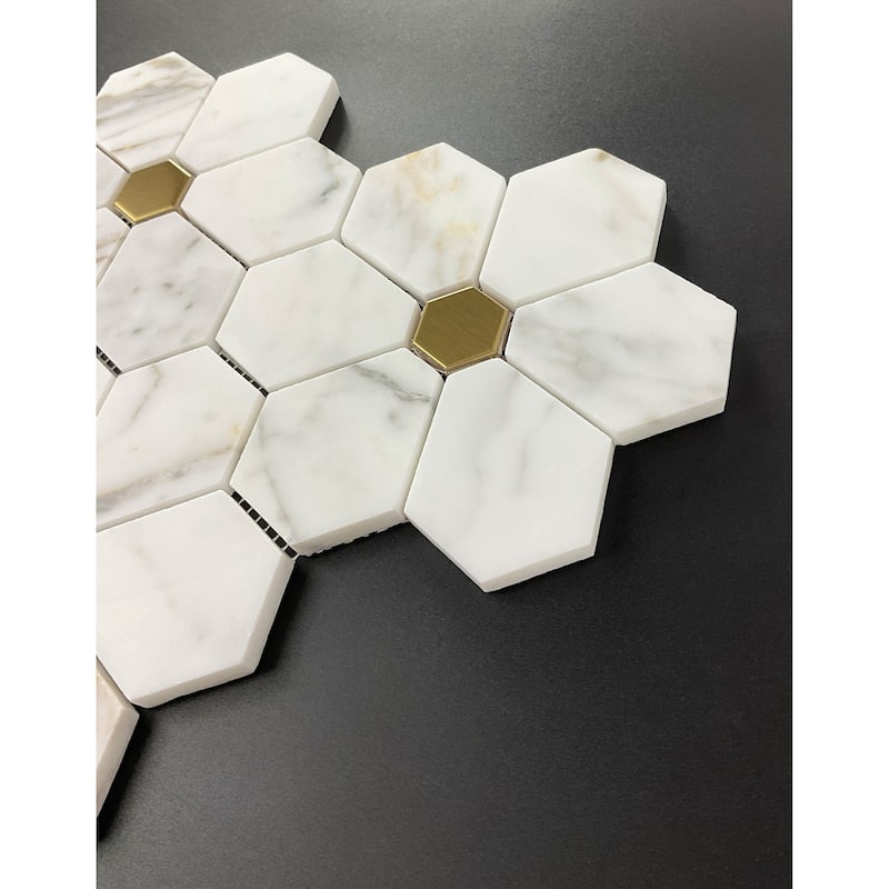 Flower Pattern Marble & Golde Metal Mosaic Tiles