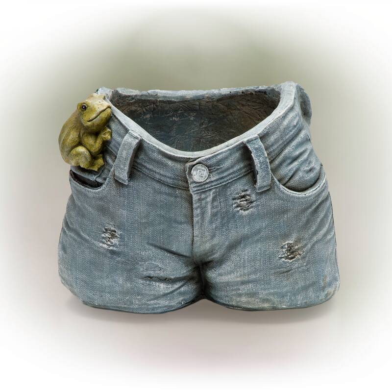 Alpine Corporation 10" Tall Indoor/Outdoor Denim Shorts with Frog Shaped Planter and Yard Decoration - 14"L x 11"W x 10"H