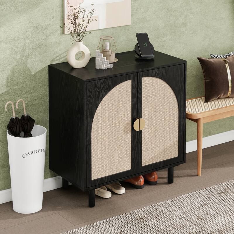 Roomfitters Modern 2 Door Accent Cabinet with Rattan Doors, Storage Sideboard for Living Room, Bedroom, Study, Black