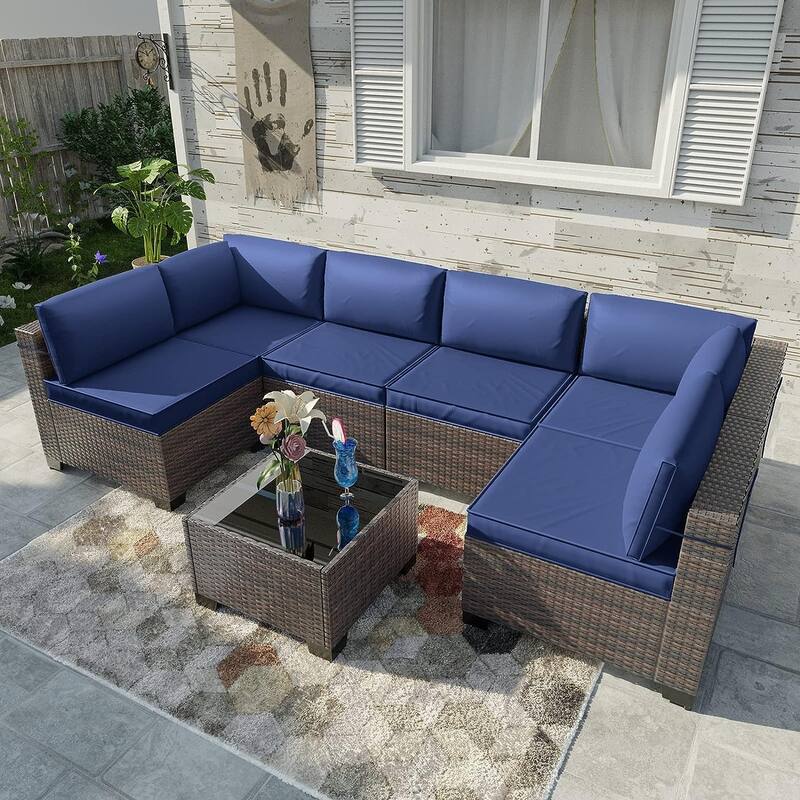 Kullavik 7 Pieces Outdoor Sectional Sofa Set Brown Wicker Patio Conversation Set with Seat Cushions and Tempered Glass Table